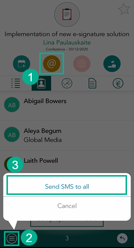 Mobile CRM: Send email or SMS -app-screen