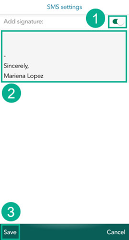 Mobile CRM: Add signature to SMS -app-screen