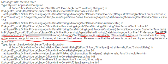 unavailable wcf service error message -screenshot