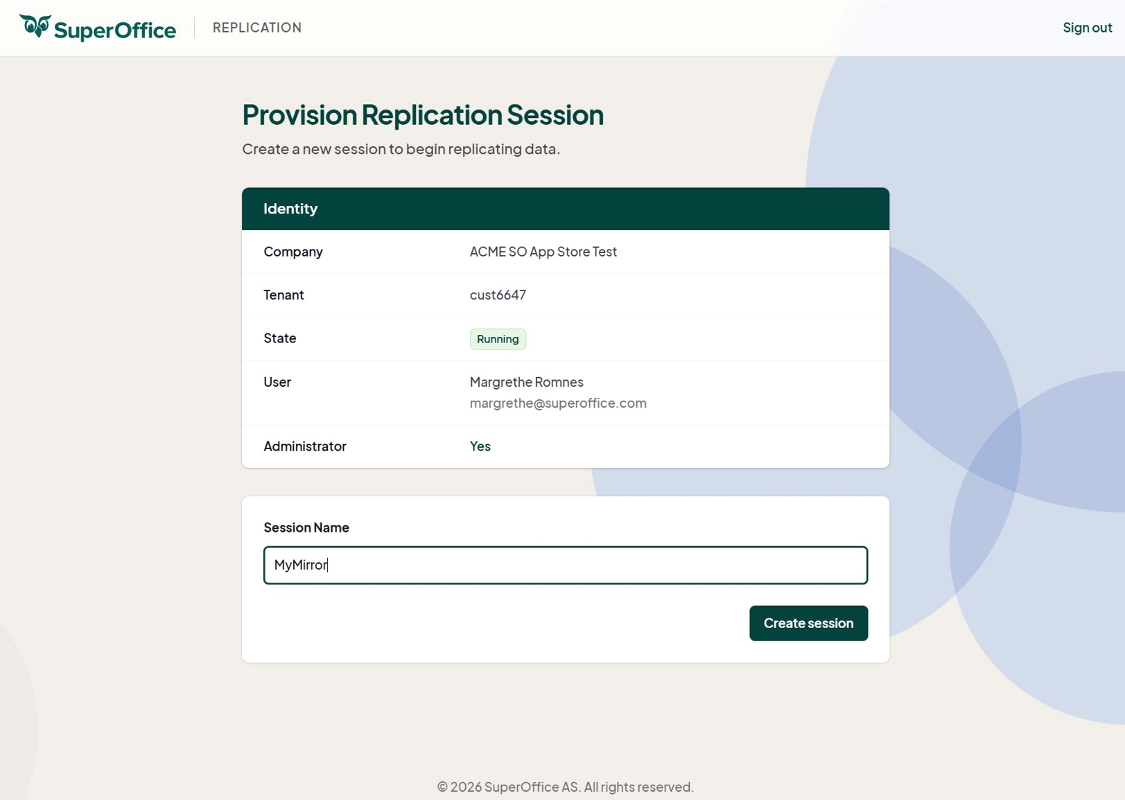 Provision Replication Session page — verify identity, enter session name, click "Create session" -screenshot