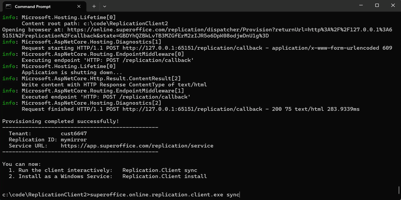 Terminal showing "Provisioning completed successfully" with Tenant, Replication ID and Service URL -screenshot