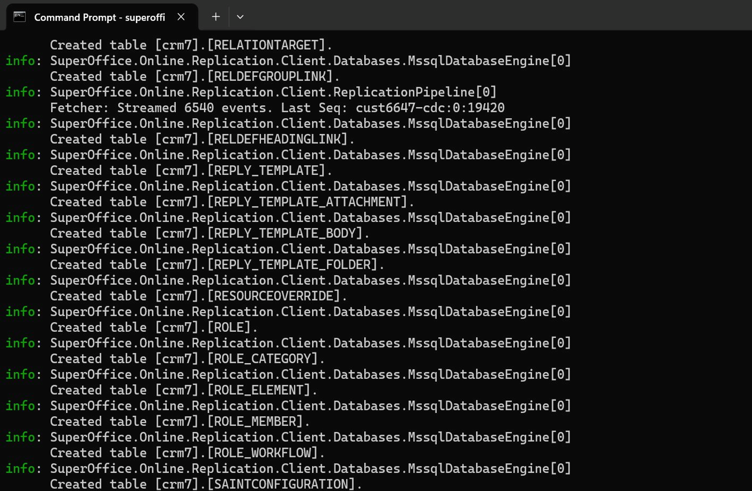 Sync in progress — tables being created in the [crm7] schema of the replica database -screenshot