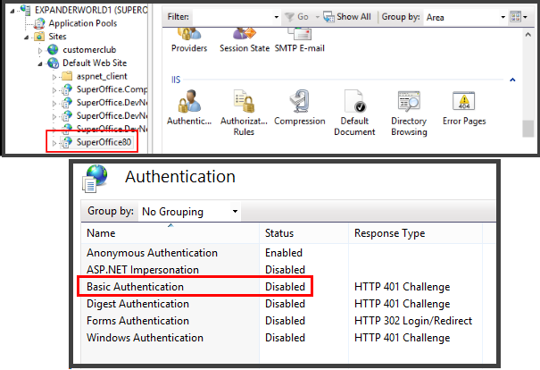 Disable basic authentication on the SuperOffice web application -screenshot