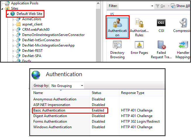 Enable basic authentication on the website root -screenshot