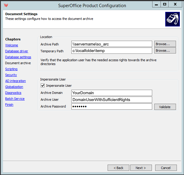 Make sure you update the document archive settings correct -screenshot