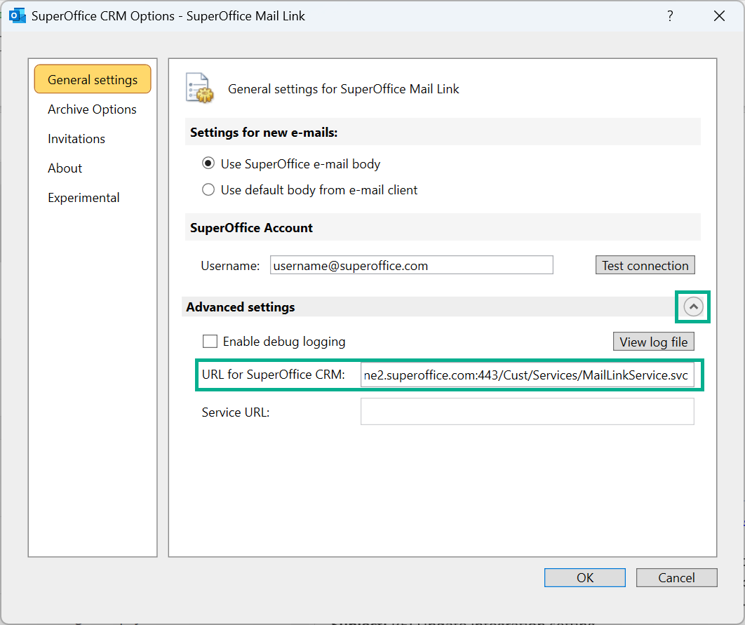 Advanced settings with URL for SuperOffice CRM field -screenshot