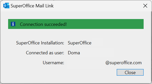 Connection succeeded confirmation dialog -screenshot