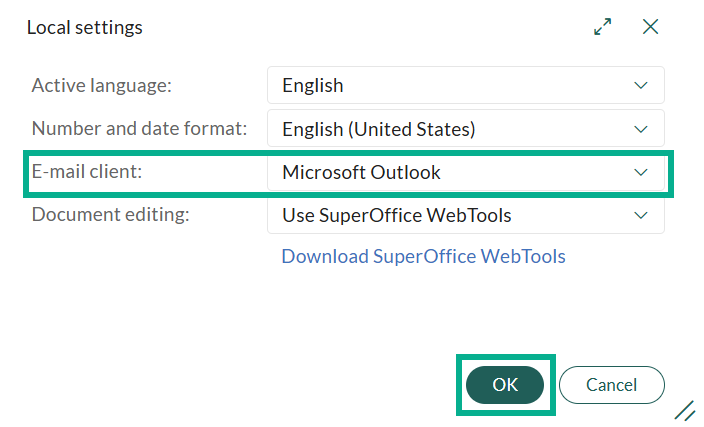 Local settings dialog with Microsoft Outlook selected -screenshot