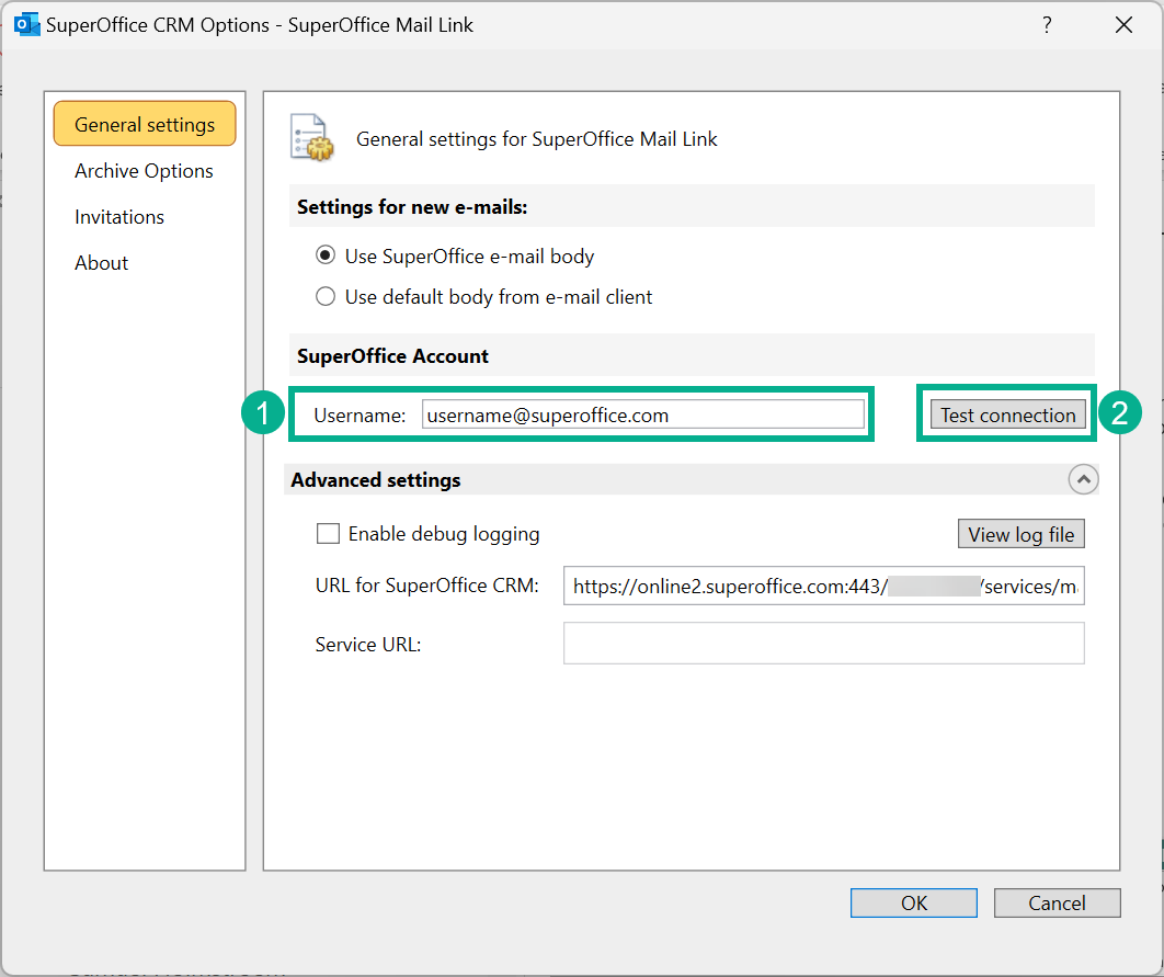 User name field and Test connection button -screenshot