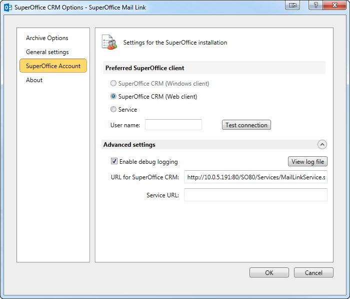 Enable debug logging for MailLink -screenshot