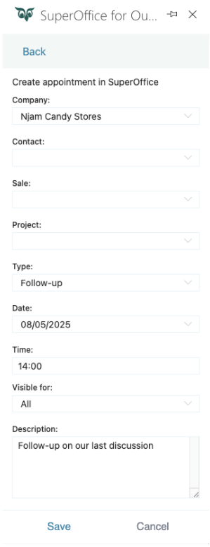 SuperOffice for Outlook, Create follow-up -screenshot