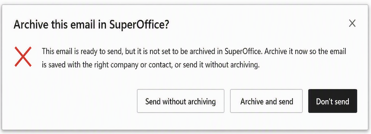 Email archive reminder dialog in SuperOffice for Outlook -screenshot