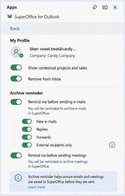 Archive reminder settings showing toggles for emails and meetings -screenshot