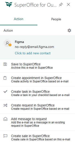 Action tab showing save to email and create activity options in SuperOffice -screenshot