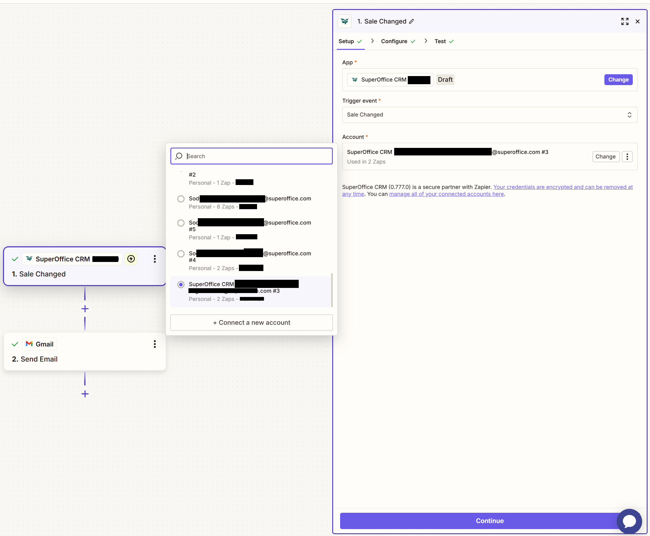 Zapier: Select SuperOffice CRM Account -screenshot