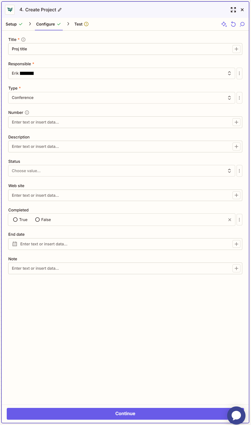 Fill out an action -screenshot