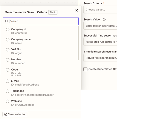 Choose your search criteria -screenshot