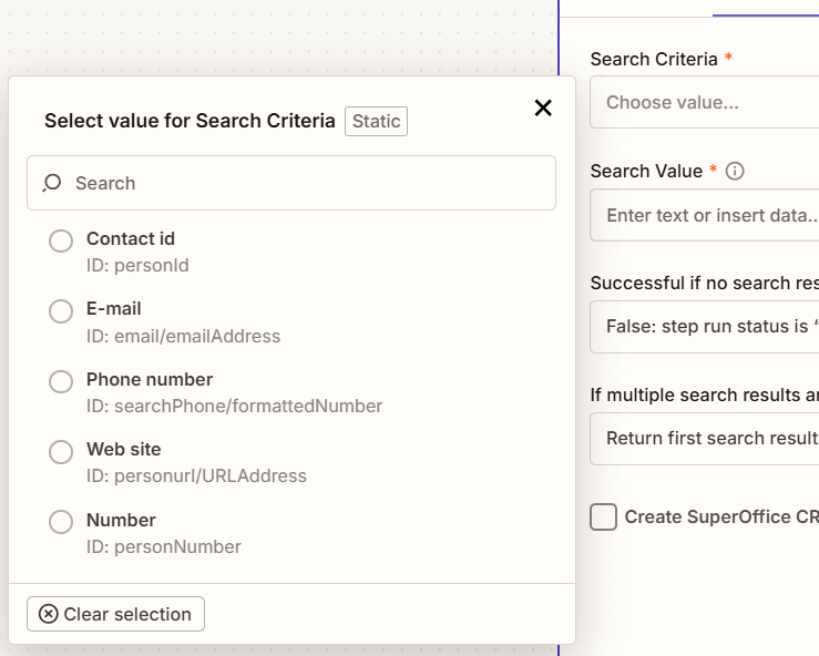 Choose your search criteria -screenshot
