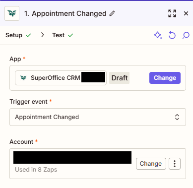 Zapier setup window showing the Appointment Changed trigger option -screenshot