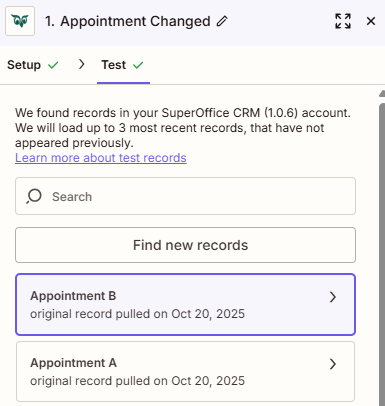 Zapier test window showing successful trigger verification -screenshot
