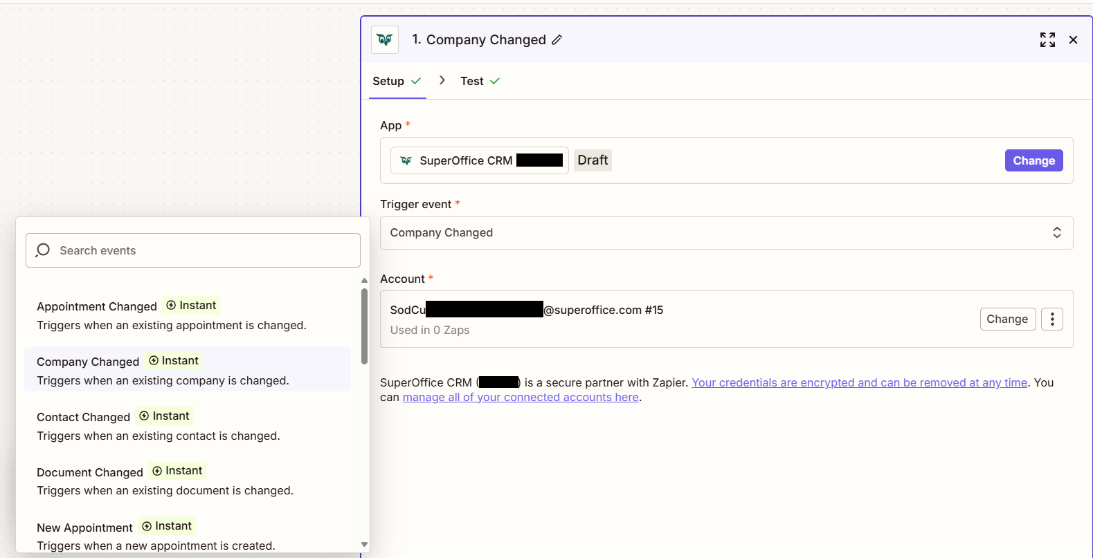 Zapier setup window showing the Company Changed trigger option -screenshot