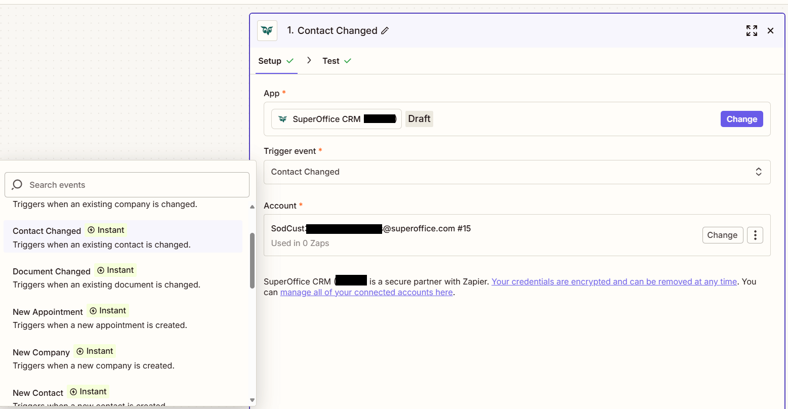 Zapier setup window showing the Contact Changed trigger option -screenshot