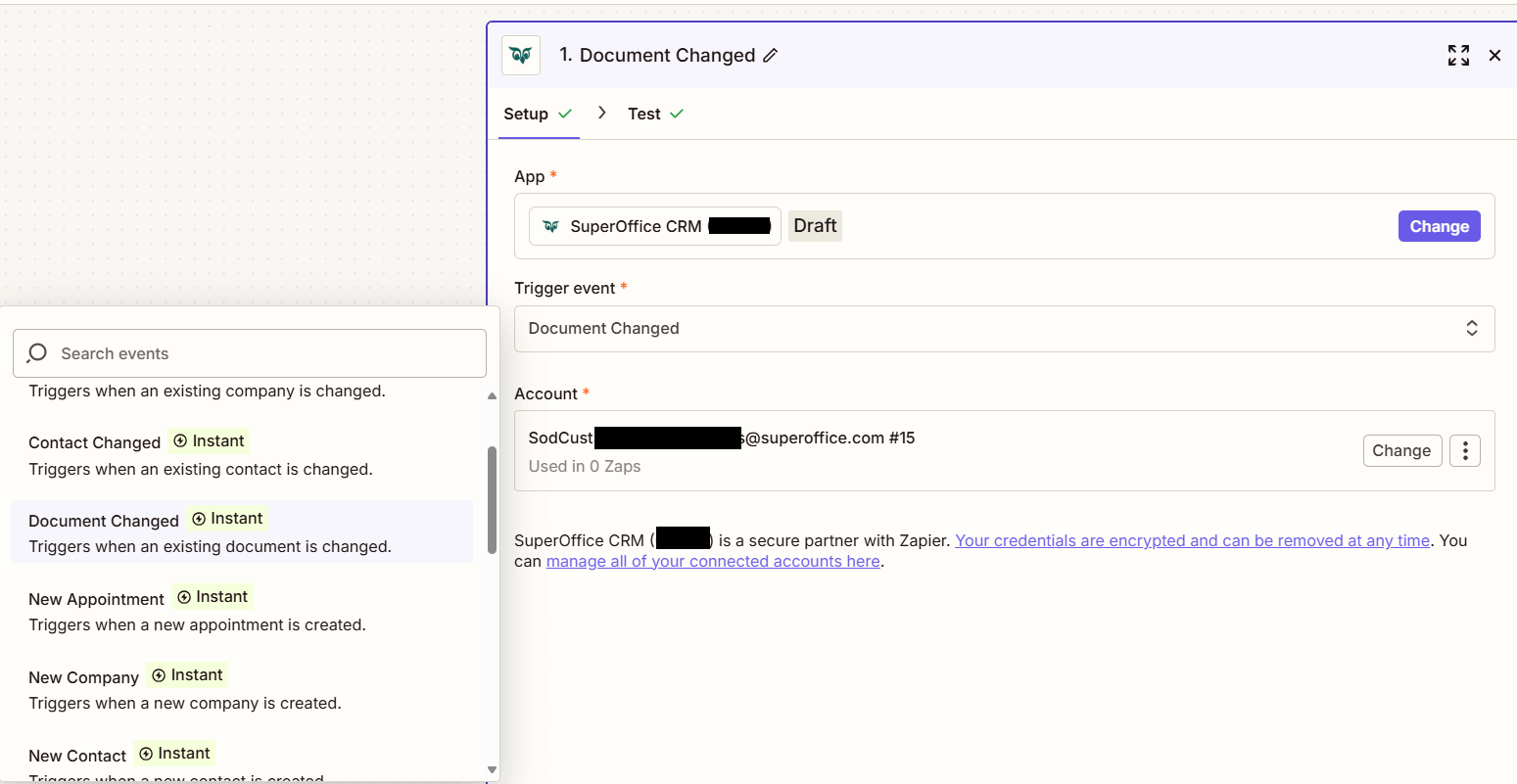 Zapier setup window showing the Document Changed trigger option -screenshot