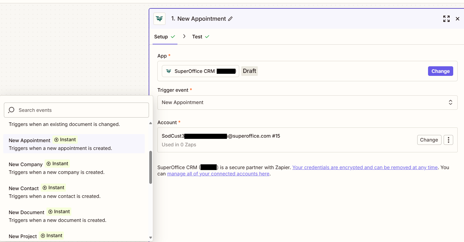 Zapier setup window showing the New Appointment trigger option -screenshot