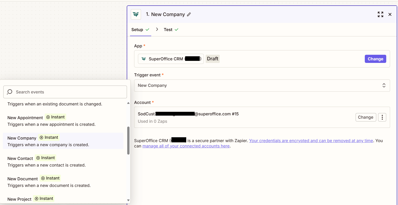 Zapier setup window showing the New Company trigger option -screenshot