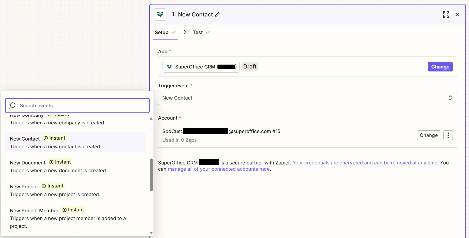Zapier setup window showing the New Contact trigger option -screenshot