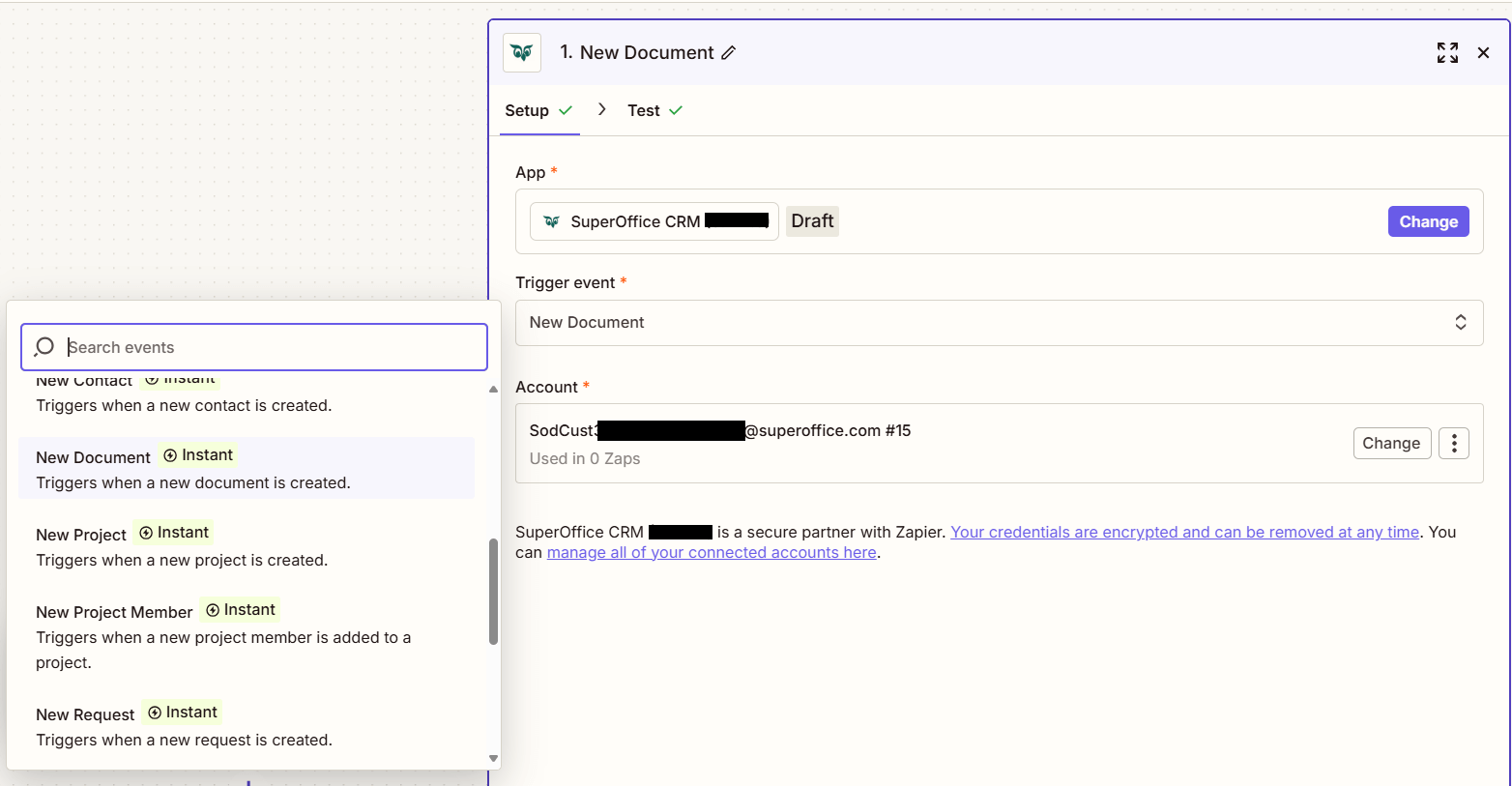 Zapier setup window showing the New Document trigger option -screenshot