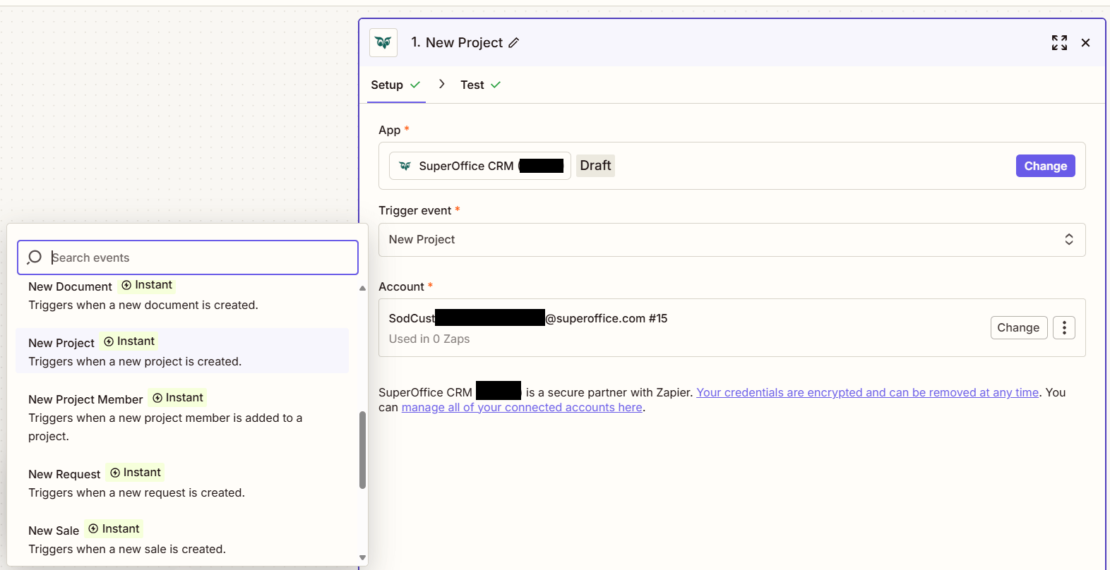 Zapier setup window showing the New Project trigger option -screenshot