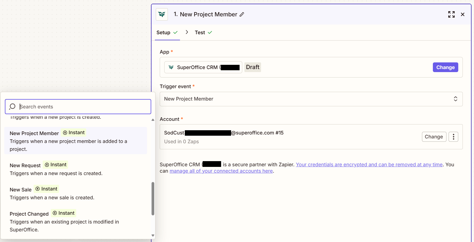 Zapier setup window showing the New Project Member trigger option -screenshot