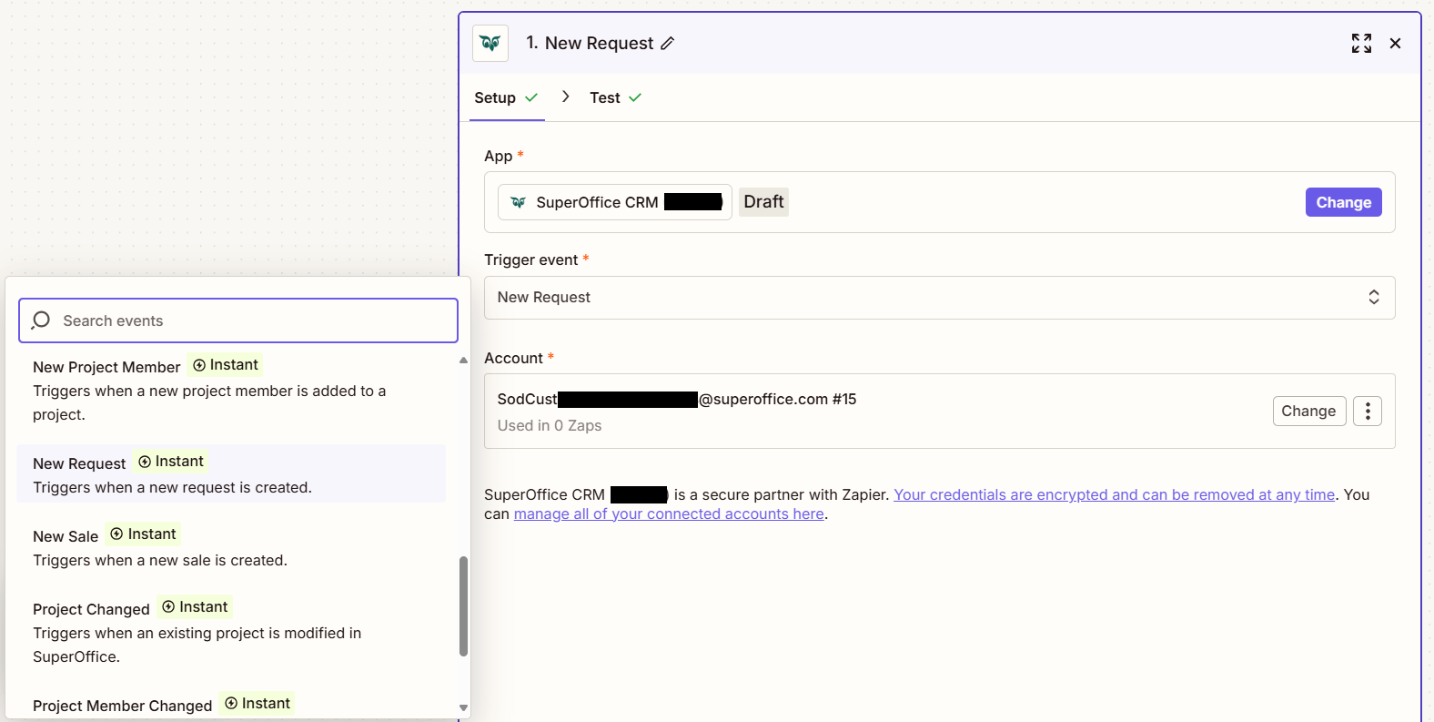 Zapier setup window showing the New Request trigger option -screenshot