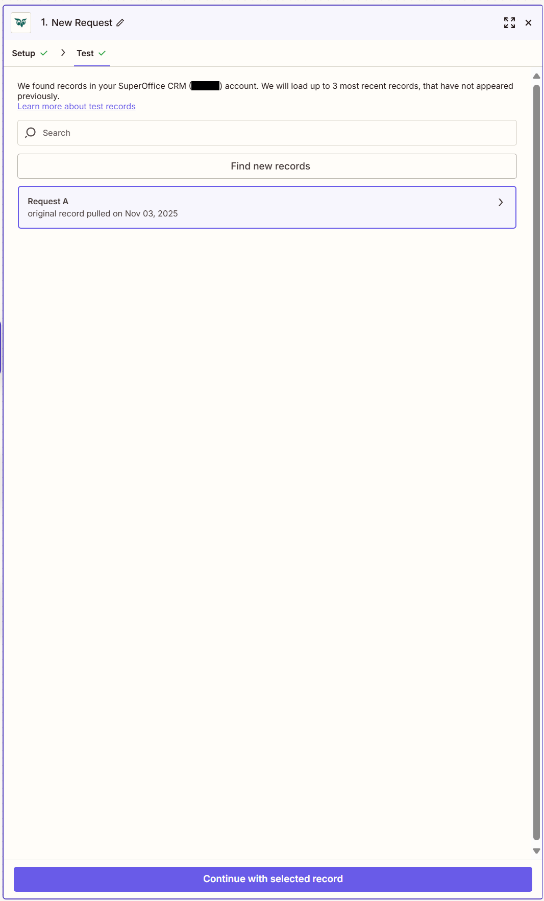 Zapier test window showing successful trigger verification -screenshot