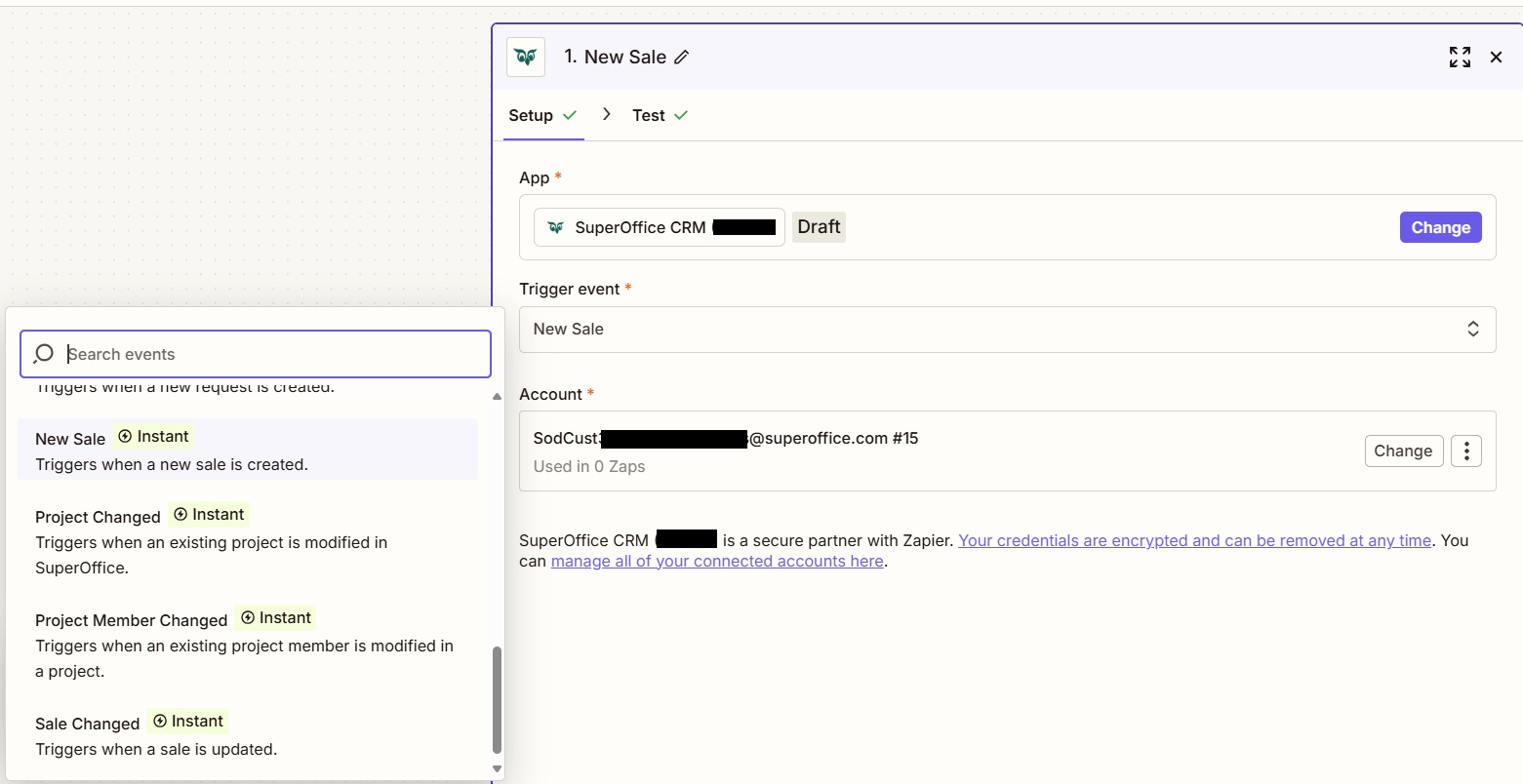 Zapier setup window showing the New Sale trigger option -screenshot