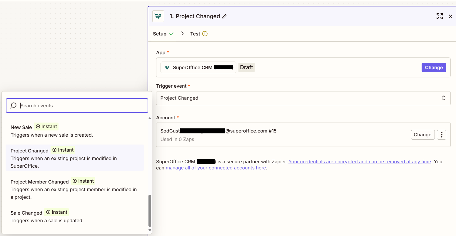 Zapier setup window showing the Project Changed trigger option -screenshot