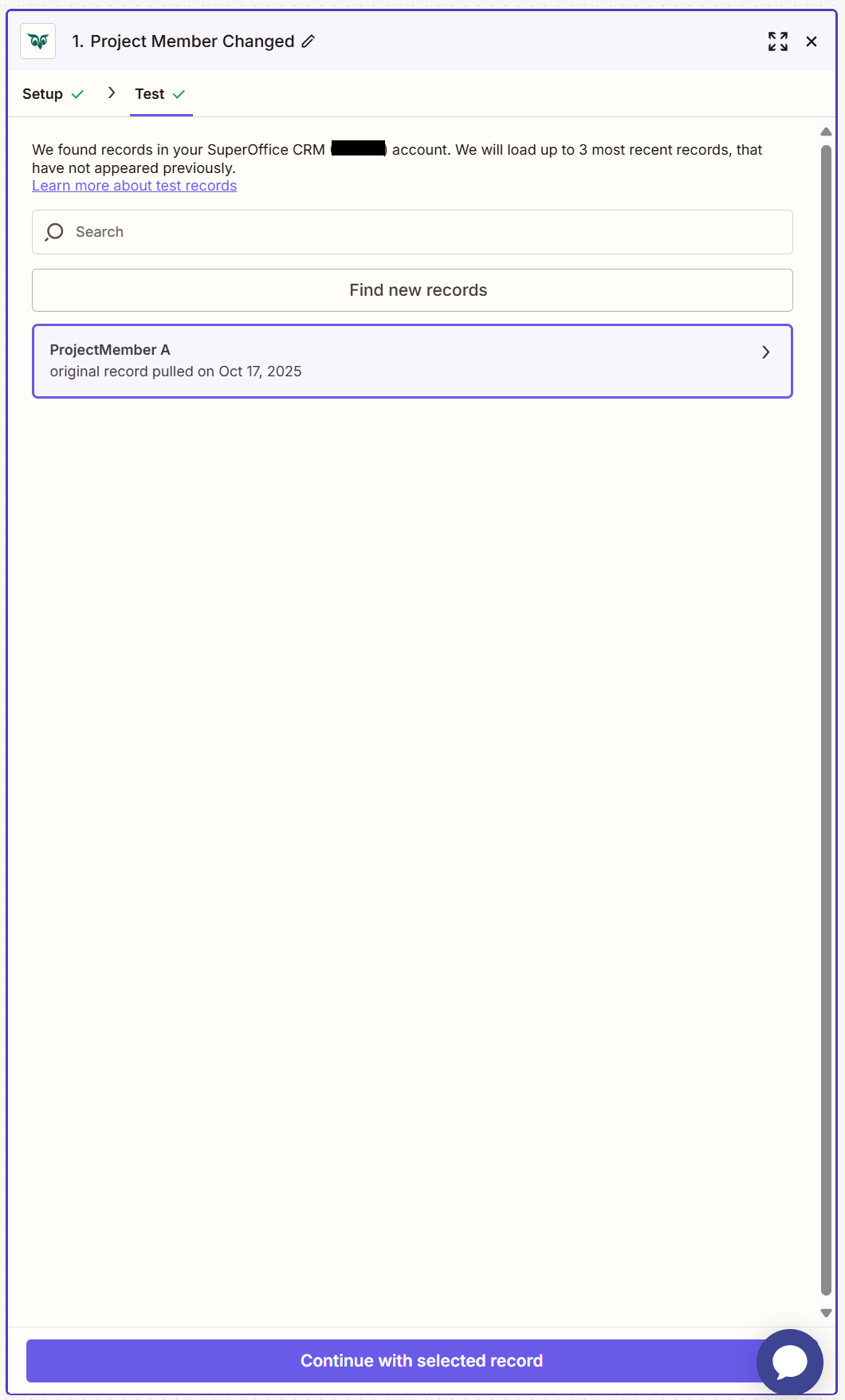 Zapier test window showing successful trigger verification -screenshot