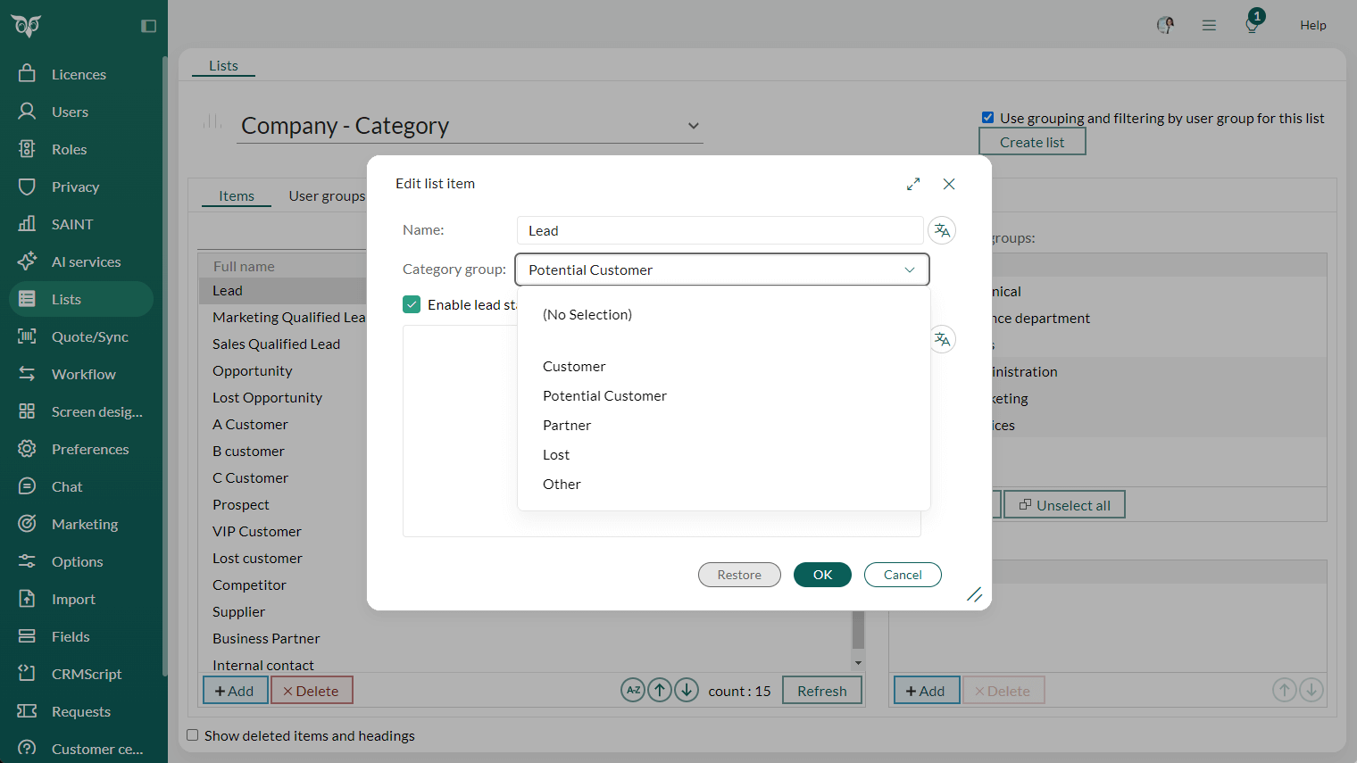 Admin Lists - Company Category with category group and enable lead status -screenshot
