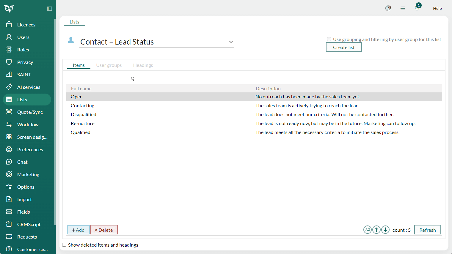 Admin Lists - Contact Lead status list overview -screenshot