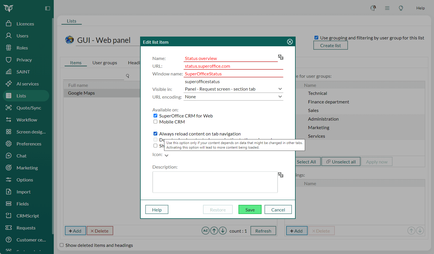 Admin Lists - GUI Web panel lists with option to reload content -screenshot