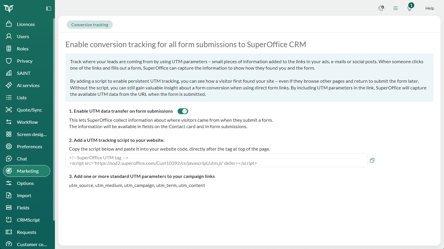  Marketing screen in Settings and maintenance with Conversion tracking (UTM) -screenshot