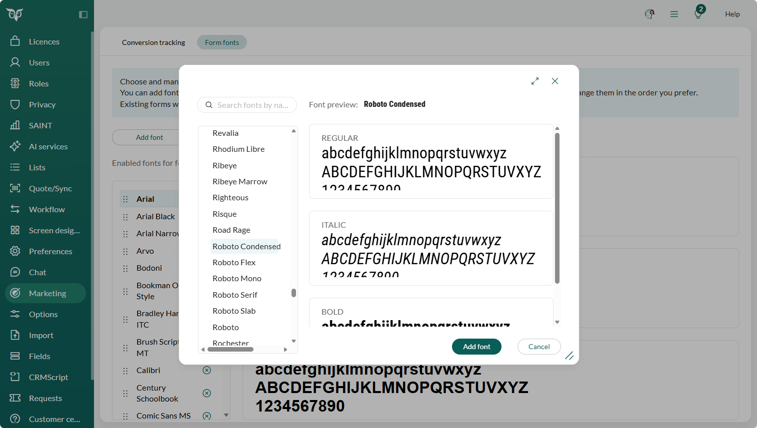 Admin marketing - Add new fonts to be available in your forms -screenshot