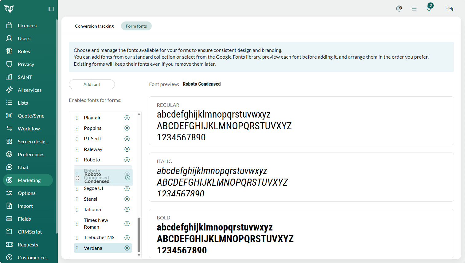 Admin marketing - Change the rank in the font overview -screenshot