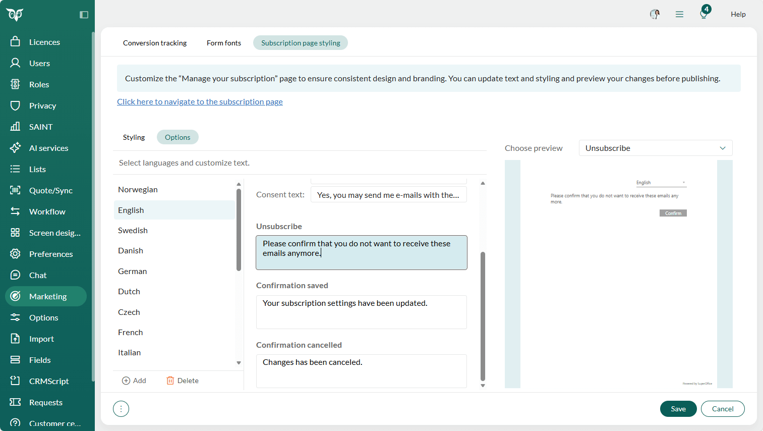 Admin Marketing - Subscription page styling and the Options tab -screenshot