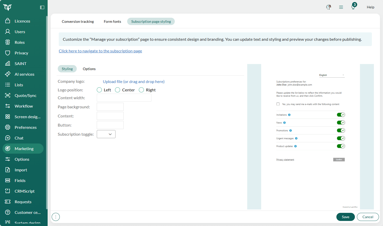 Admin Marketing - Styling the page for subscriptions -screenshot