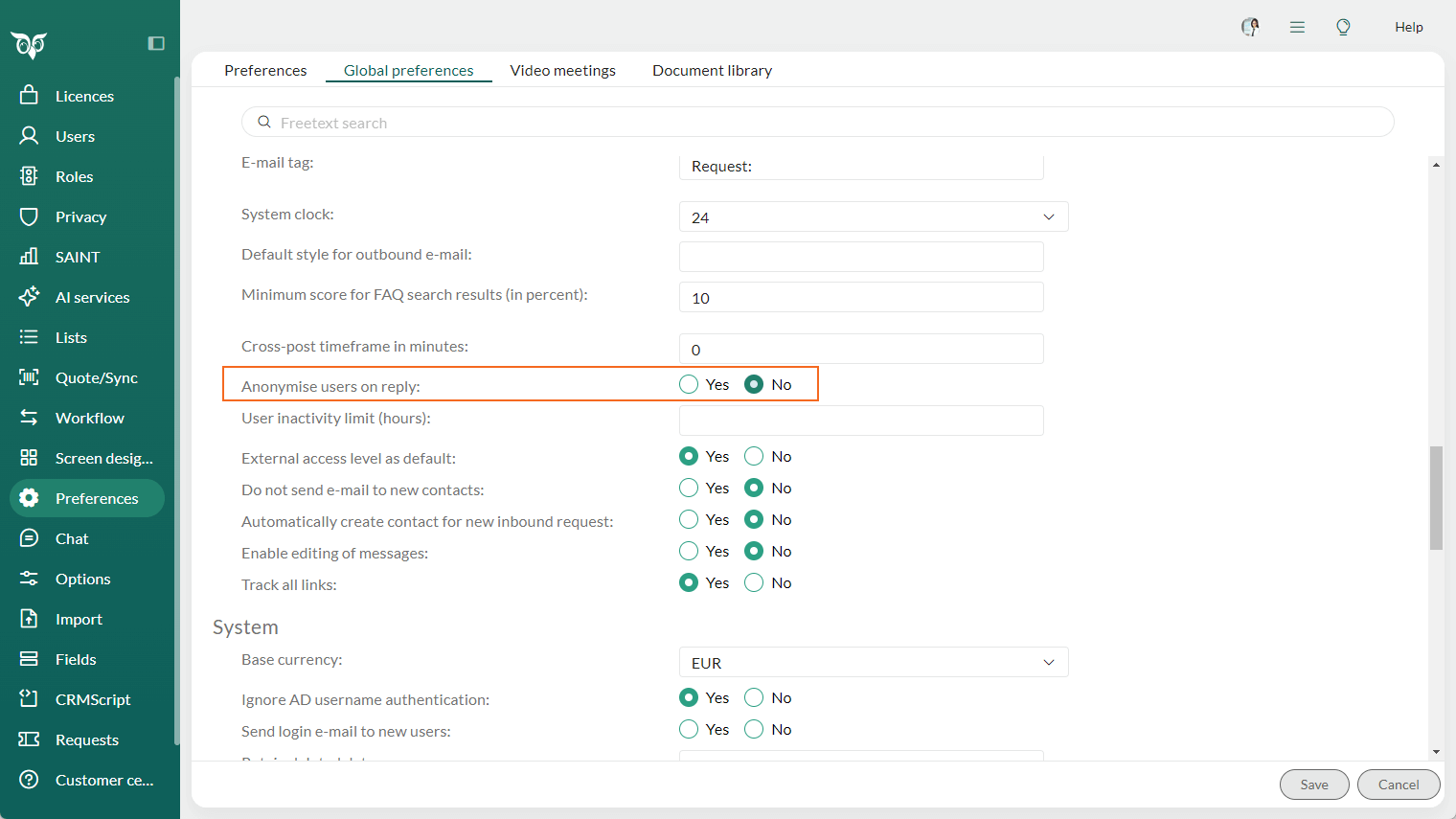 Admin Preferences - Global preference for Anonymise user reply -screenshot