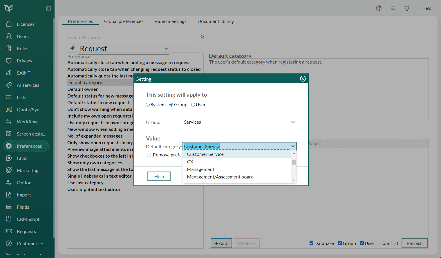 Admin Preferences - Set a request preference to apply for a group, the whole system or a user -screenshot