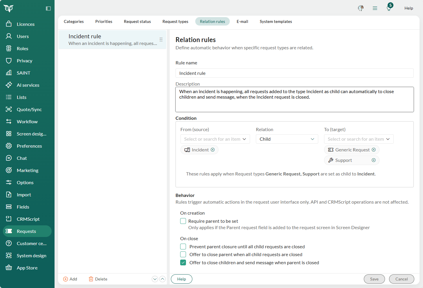 Admin Requests - Add a new request rule and add the correct condition and behavior -screenshot
