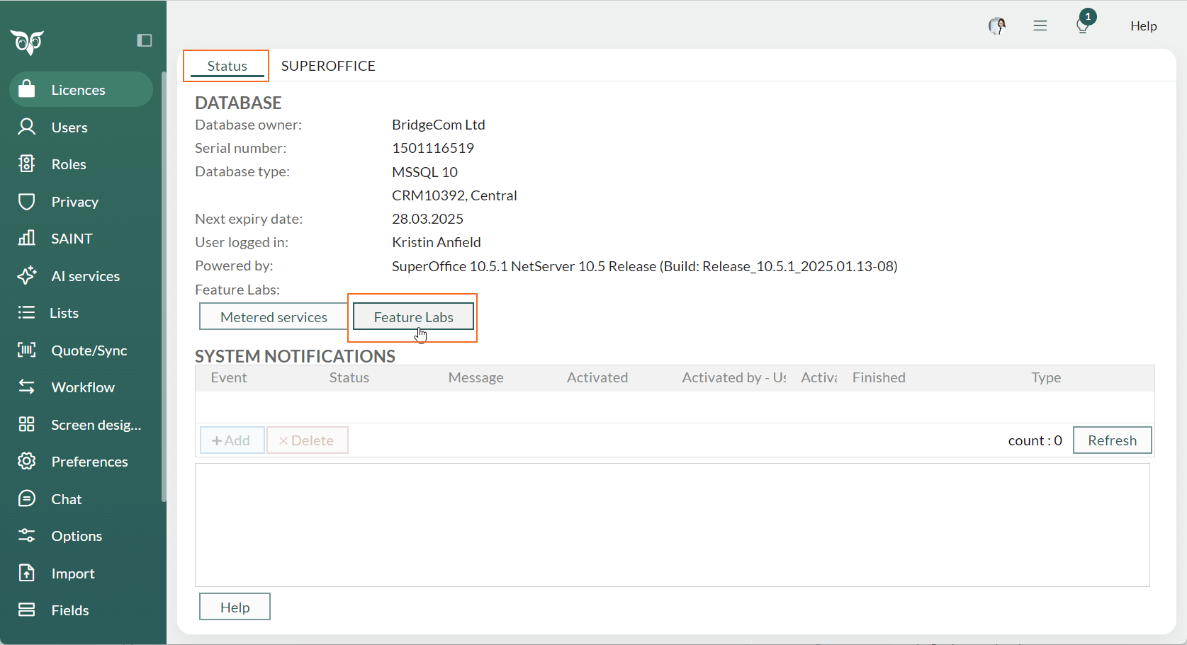 Admin Status - Feature labs button -screenshot